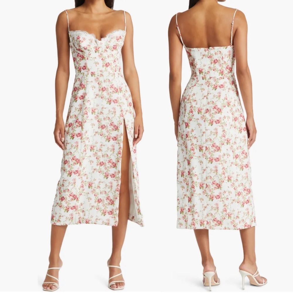 House of CB Corset Crepe Midi Sundress sz L+ XL in rose print